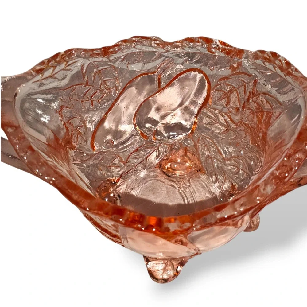 Vintage Pink Depression Glass Sugar Bowl Pear Pattern‎ Footed Double Handle 6.5